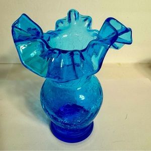 Vinatge vase blue crackle glass ruffled rim. Beautiful bright blue crackle glass